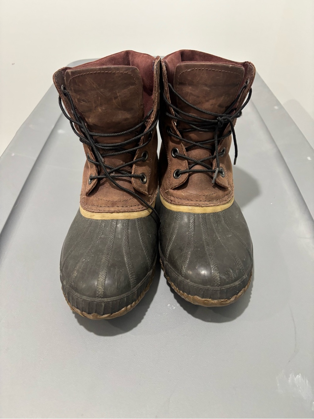 Sorel Brown Leather and Gray Rubber Lace-Up Duck Boots